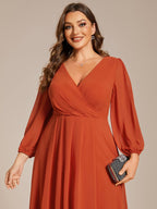 Plus Size Pleated Chiffon Long Sleeve Midi Dress #color_Burnt Orange