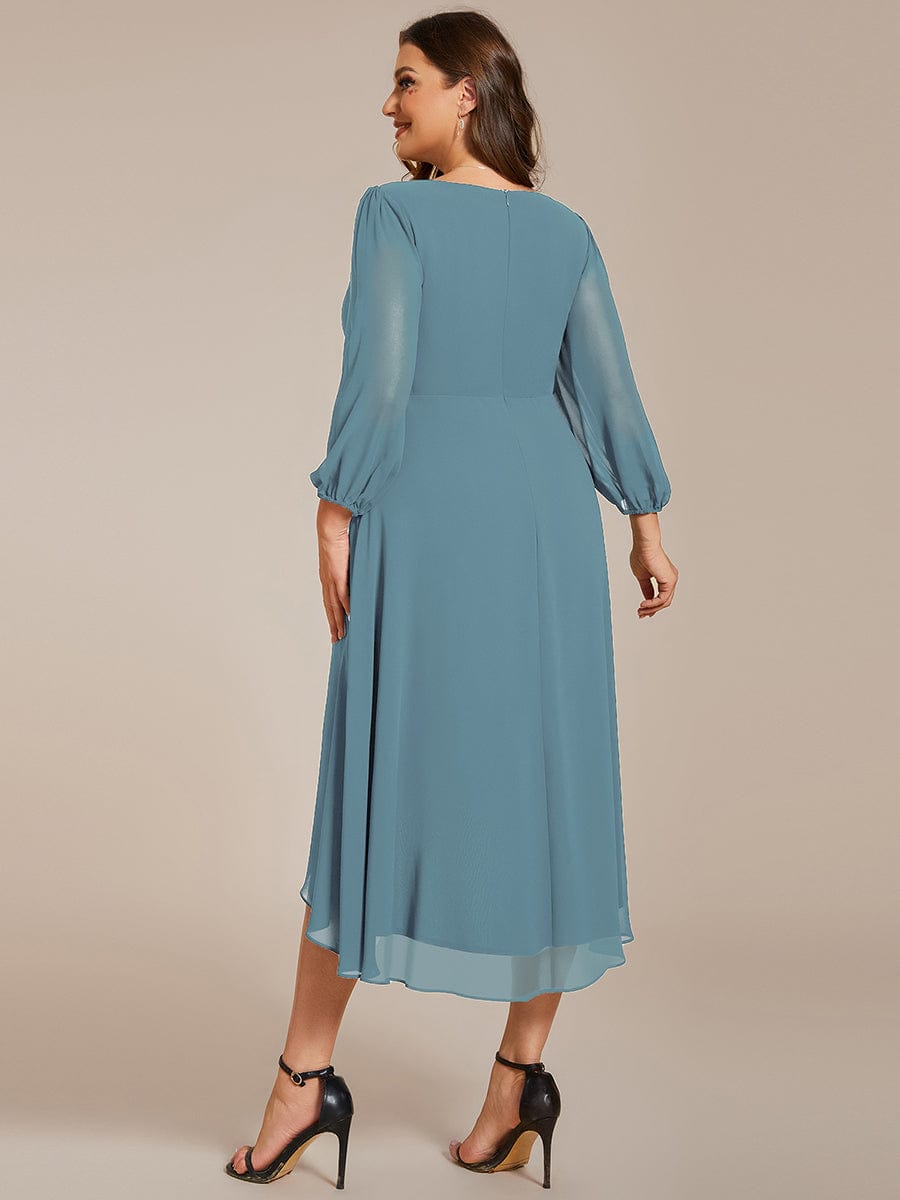 Plus Size Pleated Chiffon Long Sleeve Midi Dress #color_Light Teal