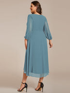 Plus Size Pleated Chiffon Long Sleeve Midi Dress #color_Light Teal