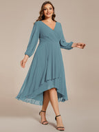 Plus Size Pleated Chiffon Long Sleeve Midi Dress #color_Light Teal