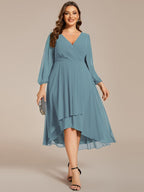 Plus Size Pleated Chiffon Long Sleeve Midi Dress #color_Light Teal