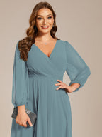 Plus Size Pleated Chiffon Long Sleeve Midi Dress #color_Light Teal