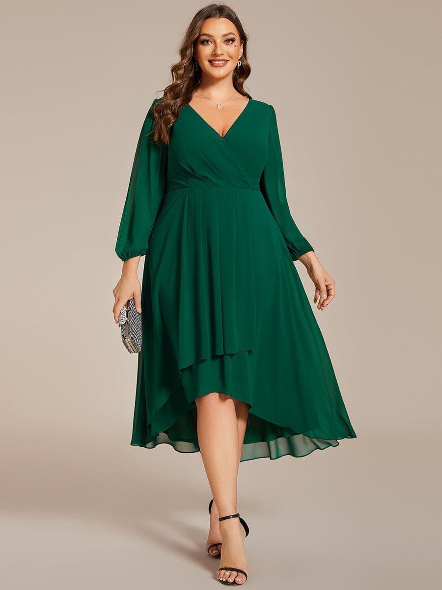 Plus Size Pleated Chiffon Long Sleeve Midi Dress #color_Dark Green