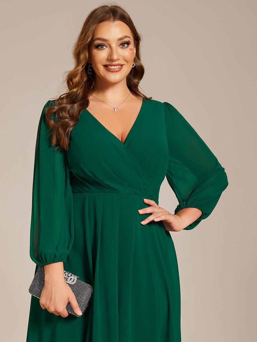 Plus Size Pleated Chiffon Long Sleeve Midi Dress #color_Dark Green