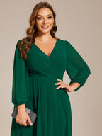 Plus Size Pleated Chiffon Long Sleeve Midi Dress #color_Dark Green