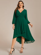 Plus Size Pleated Chiffon Long Sleeve Midi Dress #color_Dark Green