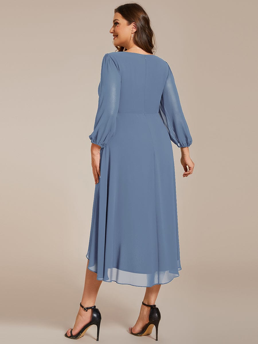 Plus Size Pleated Chiffon Long Sleeve Midi Dress #color_Dusty Blue