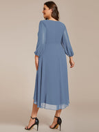 Plus Size Pleated Chiffon Long Sleeve Midi Dress #color_Dusty Blue