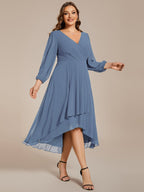 Plus Size Pleated Chiffon Long Sleeve Midi Dress #color_Dusty Blue