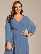 Plus Size Pleated Chiffon Long Sleeve Midi Dress #color_Dusty Blue