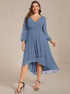 Plus Size Pleated Chiffon Long Sleeve Midi Dress #color_Dusty Blue