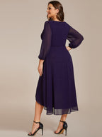Plus Size Pleated Chiffon Long Sleeve Midi Dress #color_Dark Purple