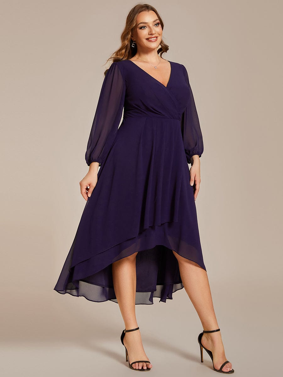 Plus Size Pleated Chiffon Long Sleeve Midi Dress #color_Dark Purple