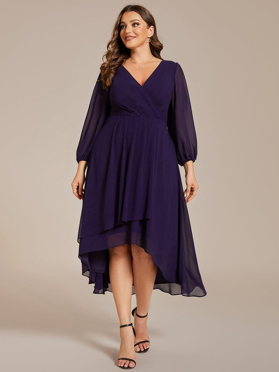 Plus Size Pleated Chiffon Long Sleeve Midi Dress #color_Dark Purple