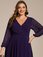 Plus Size Pleated Chiffon Long Sleeve Midi Dress #color_Dark Purple