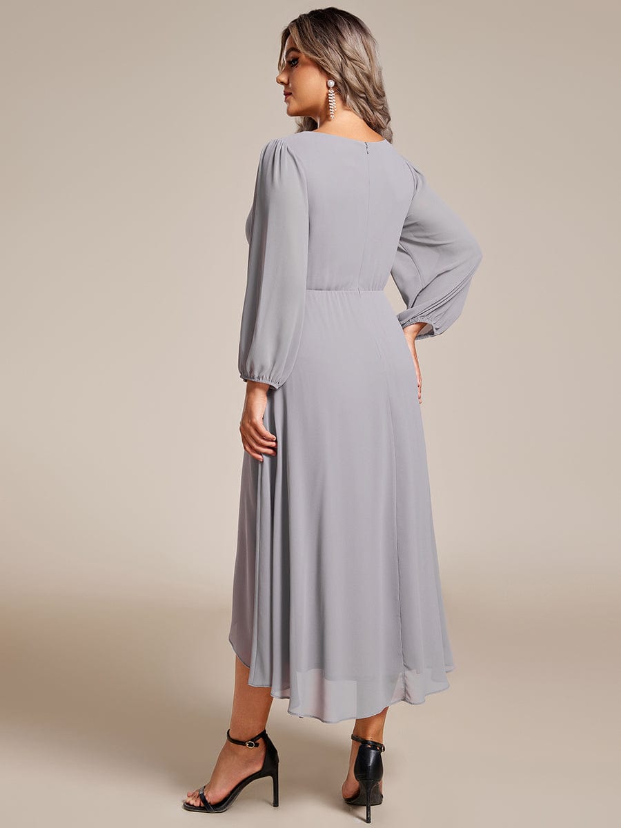 Plus Size Pleated Chiffon Long Sleeve Midi Dress #color_Grey