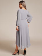 Plus Size Pleated Chiffon Long Sleeve Midi Dress #color_Grey