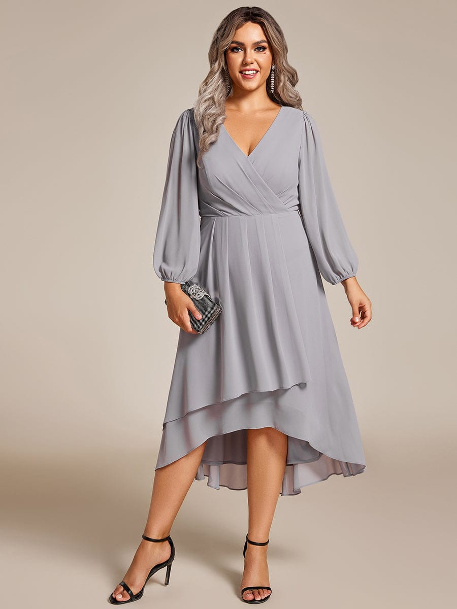 Plus Size Pleated Chiffon Long Sleeve Midi Dress #color_Grey