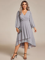 Plus Size Pleated Chiffon Long Sleeve Midi Dress #color_Grey