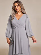 Plus Size Pleated Chiffon Long Sleeve Midi Dress #color_Grey