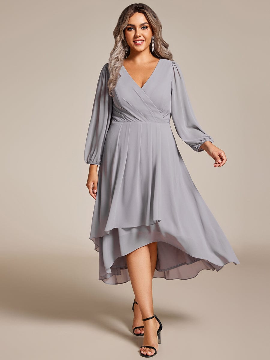 Plus Size Pleated Chiffon Long Sleeve Midi Dress #color_Grey