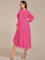 Plus Size Pleated Chiffon Long Sleeve Midi Dress #color_Hot Pink