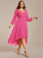 Plus Size Pleated Chiffon Long Sleeve Midi Dress #color_Hot Pink