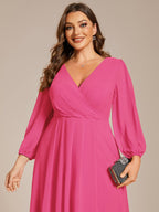 Plus Size Pleated Chiffon Long Sleeve Midi Dress #color_Hot Pink
