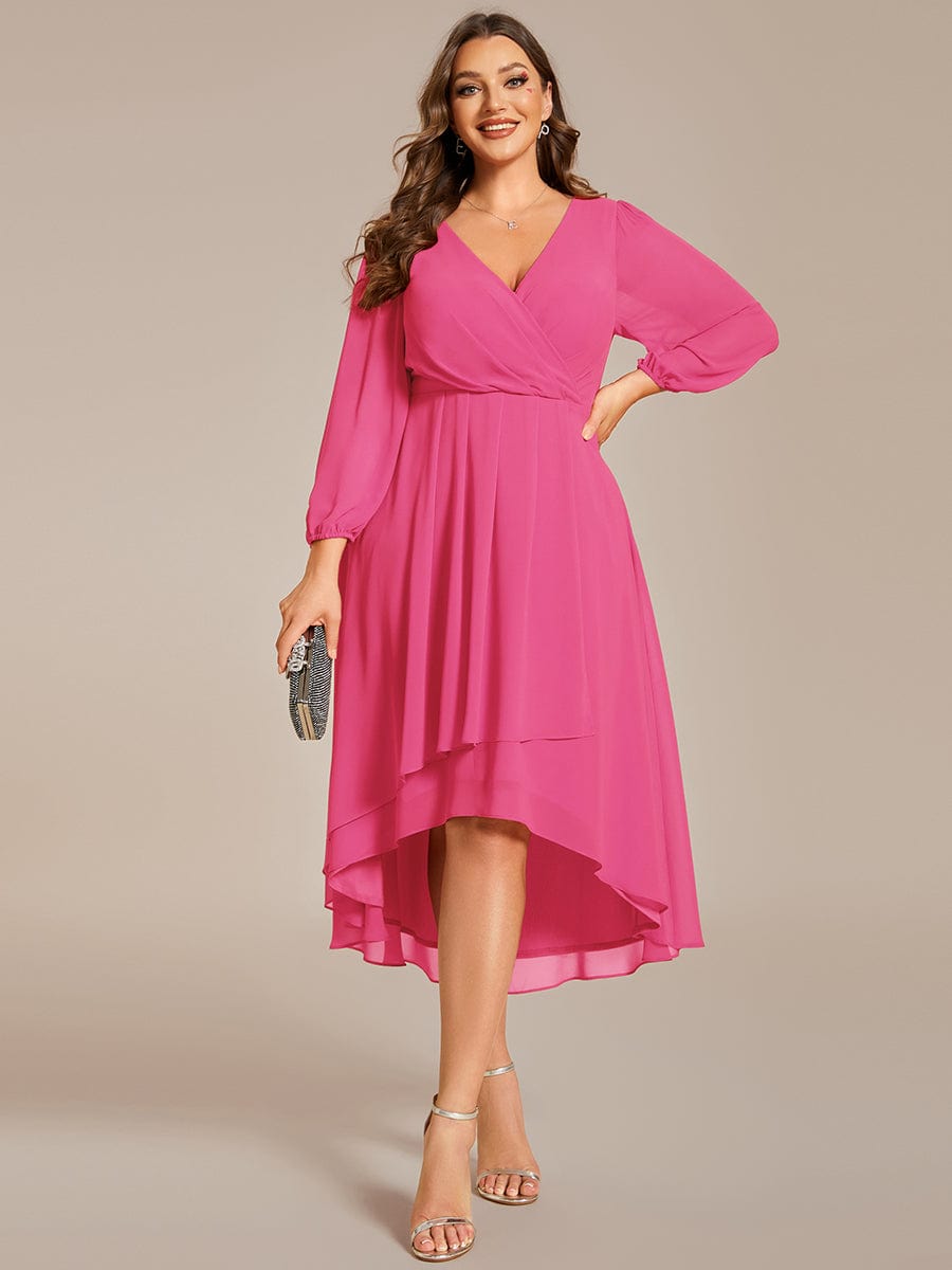 Plus Size Pleated Chiffon Long Sleeve Midi Dress #color_Hot Pink