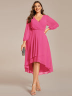 Plus Size Pleated Chiffon Long Sleeve Midi Dress #color_Hot Pink