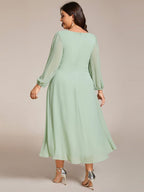 Plus Size Pleated Chiffon Long Sleeve Midi Dress #color_Sage Green