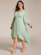 Plus Size Pleated Chiffon Long Sleeve Midi Dress #color_Sage Green