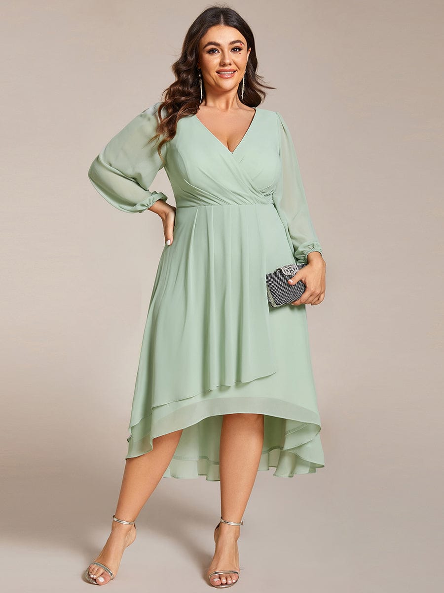 Plus Size Pleated Chiffon Long Sleeve Midi Dress #color_Sage Green