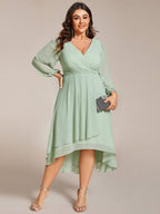 Plus Size Pleated Chiffon Long Sleeve Midi Dress #color_Sage Green
