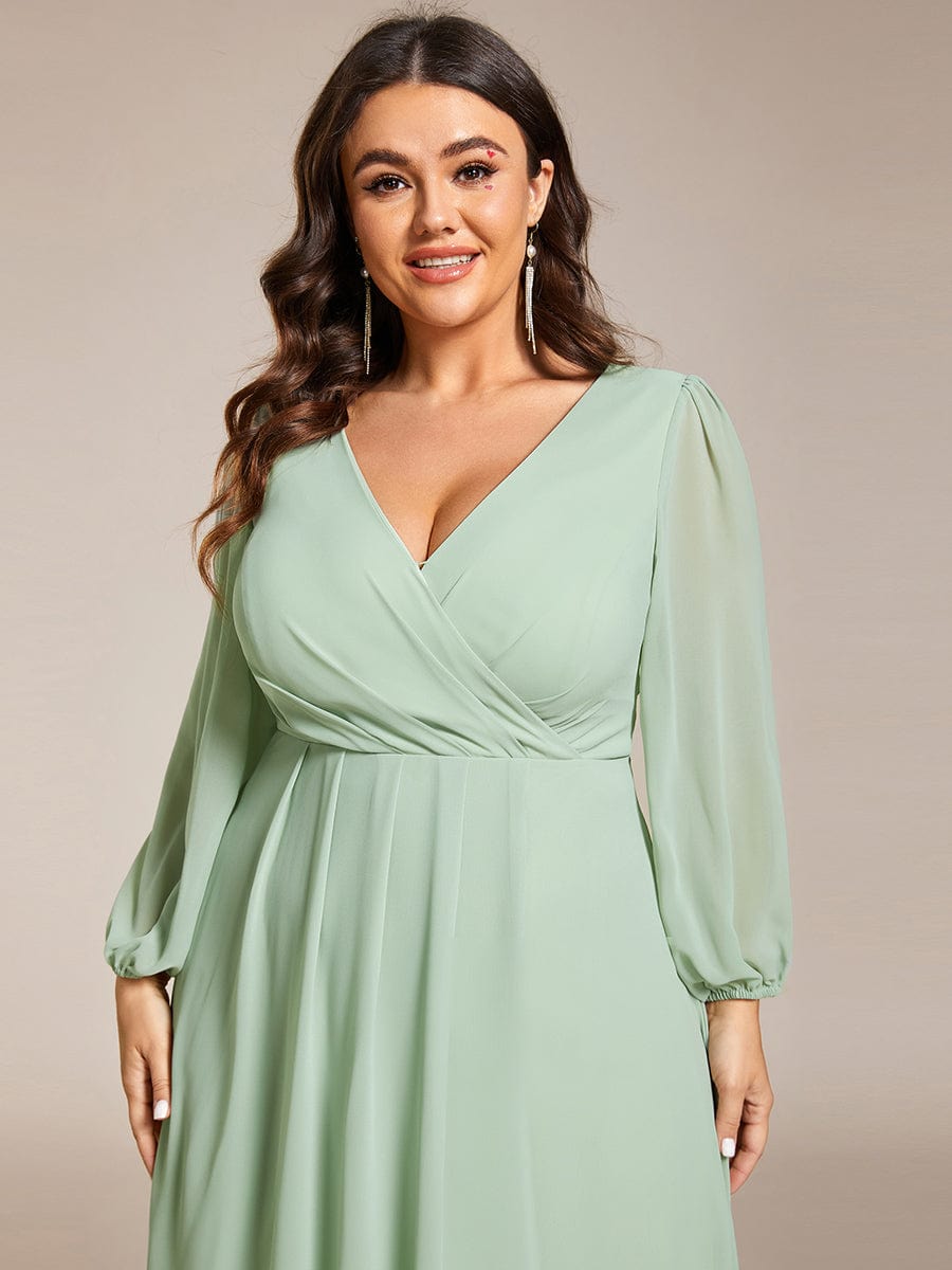 Plus Size Pleated Chiffon Long Sleeve Midi Dress #color_Sage Green