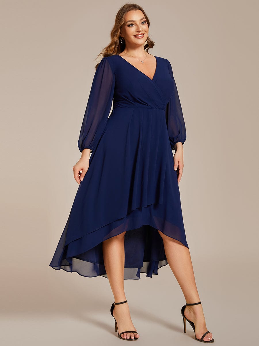 Plus Size Pleated Chiffon Long Sleeve Midi Dress #color_Navy Blue