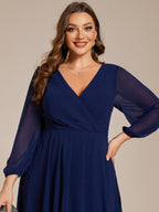 Plus Size Pleated Chiffon Long Sleeve Midi Dress #color_Navy Blue
