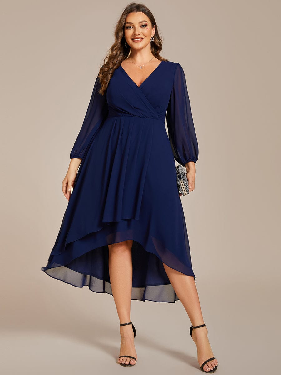 Plus Size Pleated Chiffon Long Sleeve Midi Dress #color_Navy Blue