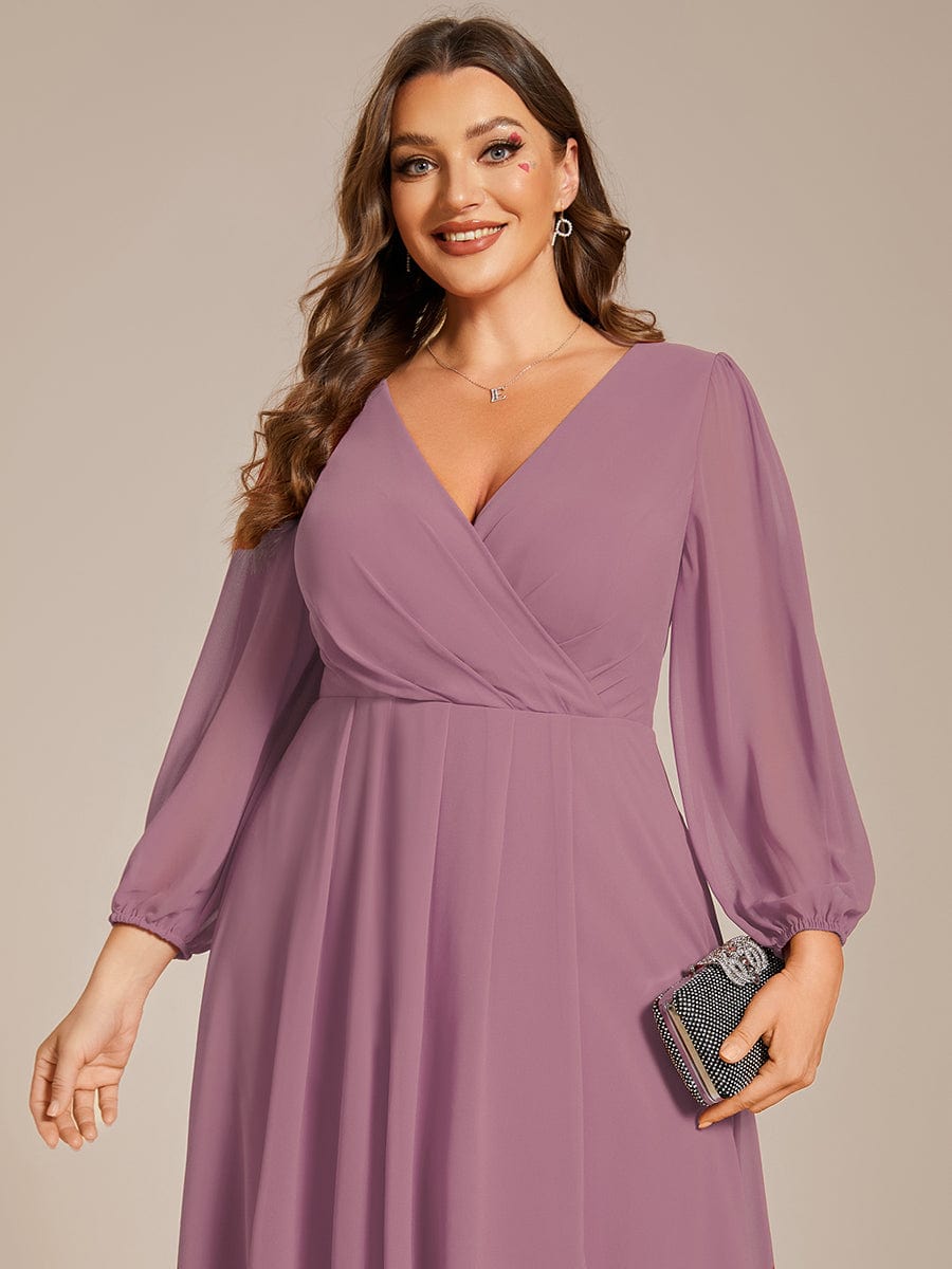 Plus Size Pleated Chiffon Long Sleeve Midi Dress #color_Purple Orchid