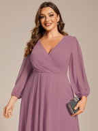 Plus Size Pleated Chiffon Long Sleeve Midi Dress #color_Purple Orchid