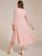 Plus Size Pleated Chiffon Long Sleeve Midi Dress #color_Pink