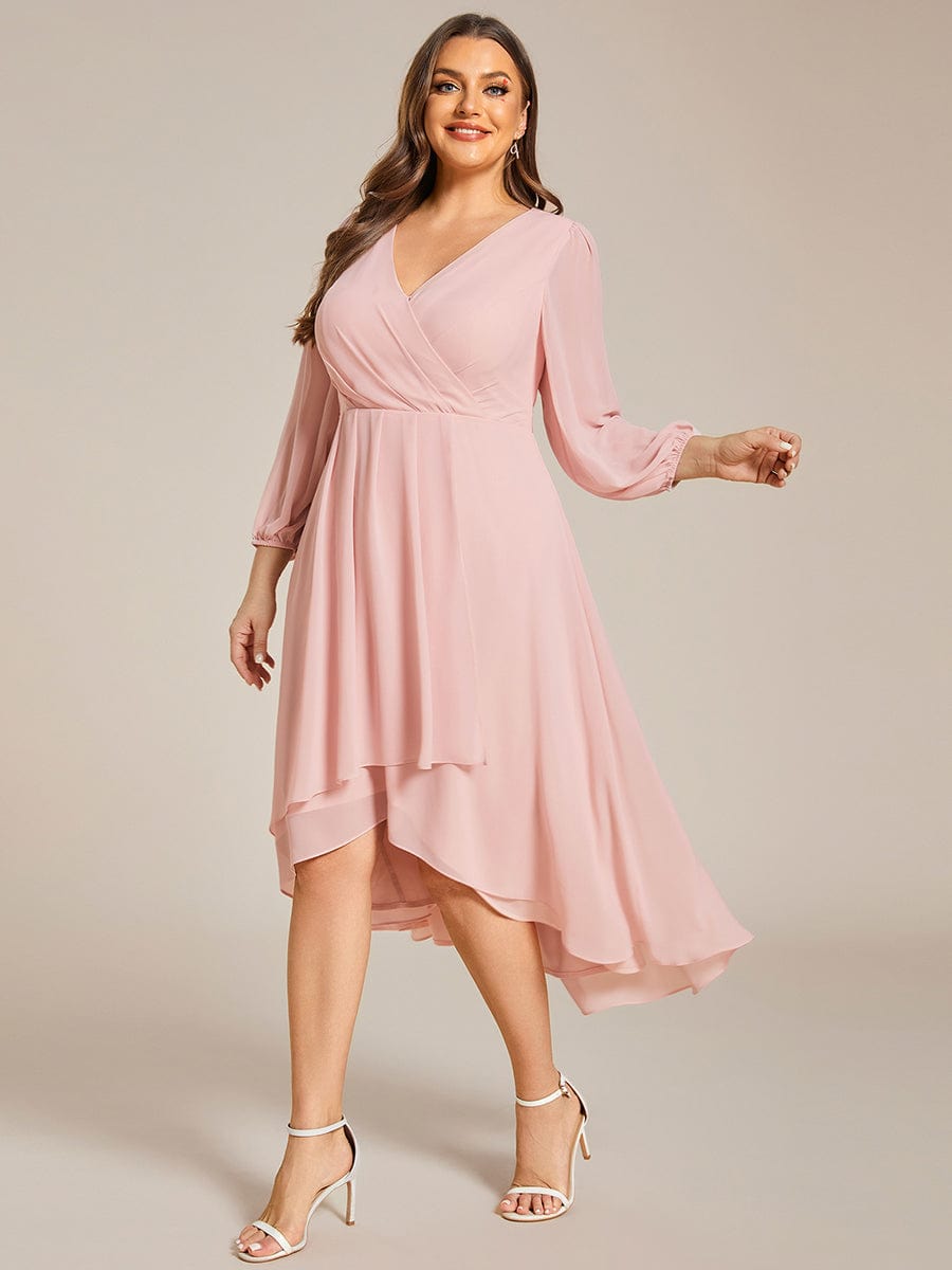Plus Size Pleated Chiffon Long Sleeve Midi Dress #color_Pink