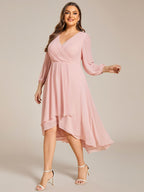 Plus Size Pleated Chiffon Long Sleeve Midi Dress #color_Pink