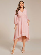 Plus Size Pleated Chiffon Long Sleeve Midi Dress #color_Pink