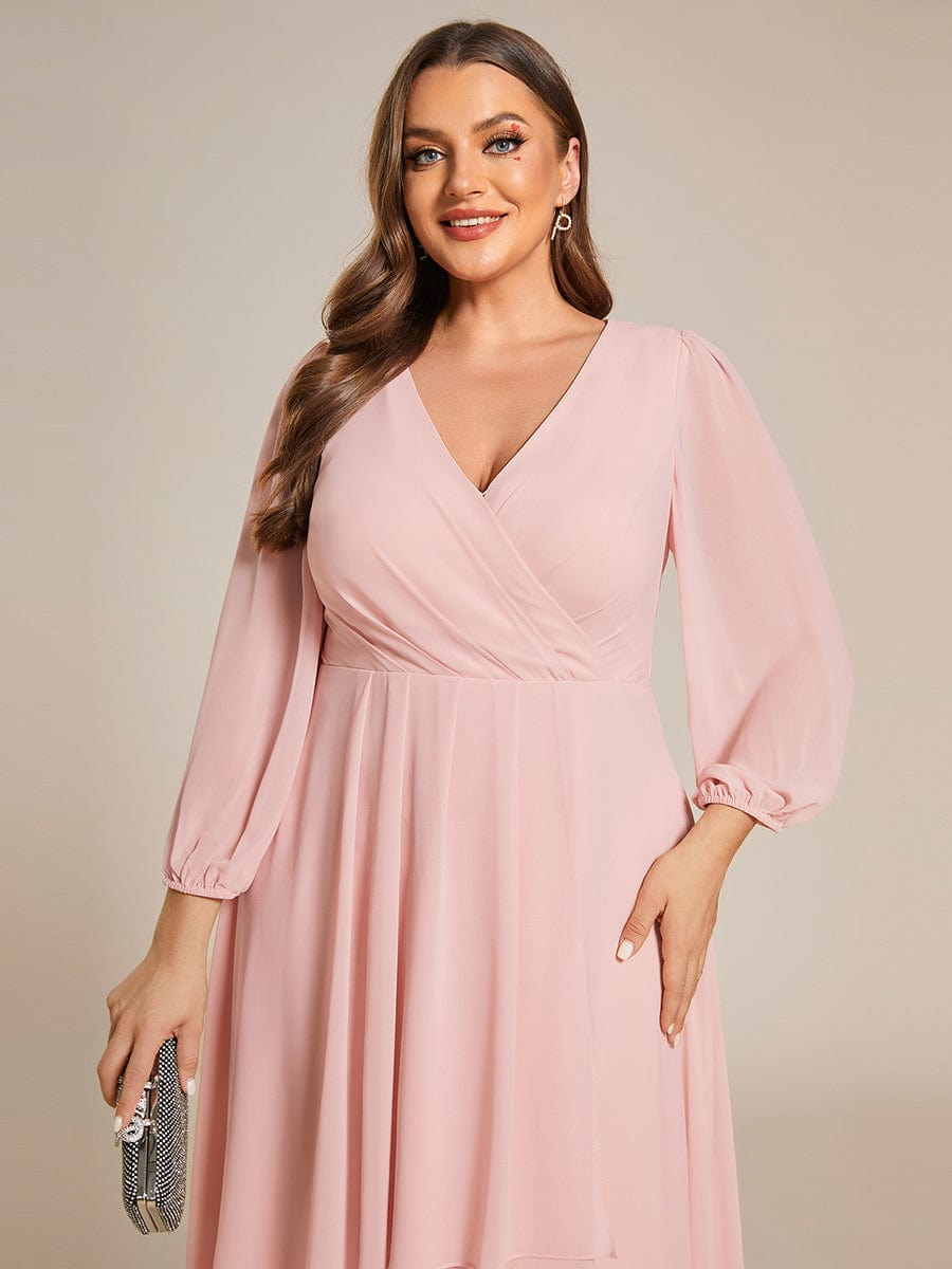 Plus Size Pleated Chiffon Long Sleeve Midi Dress #color_Pink