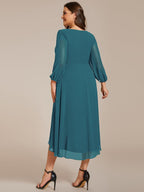 Plus Size Pleated Chiffon Long Sleeve Midi Dress #color_Teal