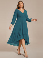 Plus Size Pleated Chiffon Long Sleeve Midi Dress #color_Teal