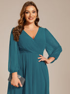 Plus Size Pleated Chiffon Long Sleeve Midi Dress #color_Teal