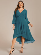 Plus Size Pleated Chiffon Long Sleeve Midi Dress #color_Teal
