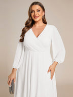 Plus Size Pleated Chiffon Long Sleeve Midi Dress #color_White